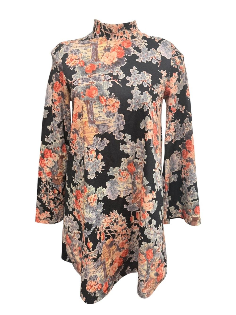 Zara Asian floral mock neck long sleeve midi dress size medium